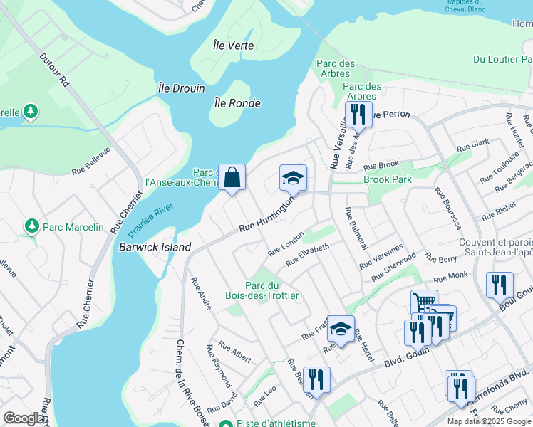 map of restaurants, bars, coffee shops, grocery stores, and more near 13289 Rue Huntington in Montréal