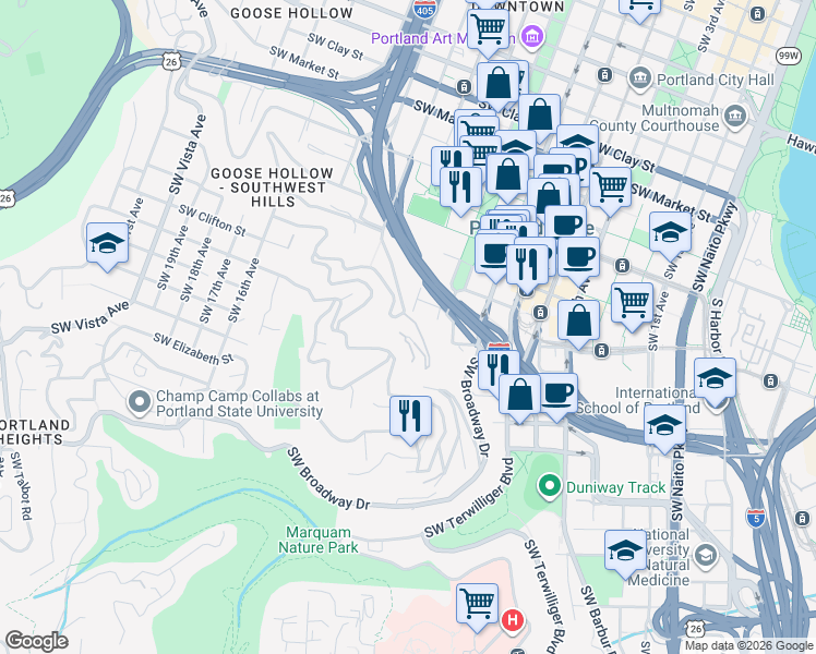 map of restaurants, bars, coffee shops, grocery stores, and more near 1260 Southwest Cardinell Drive in Portland