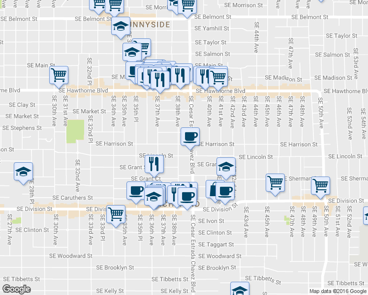 map of restaurants, bars, coffee shops, grocery stores, and more near 3820 Southeast Harrison Street in Portland