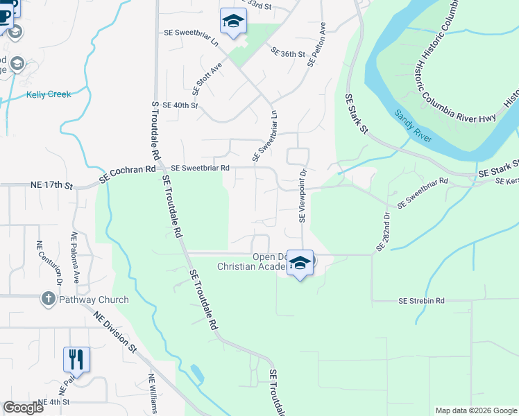 map of restaurants, bars, coffee shops, grocery stores, and more near 4450 Southeast Sweetbriar Lane in Troutdale