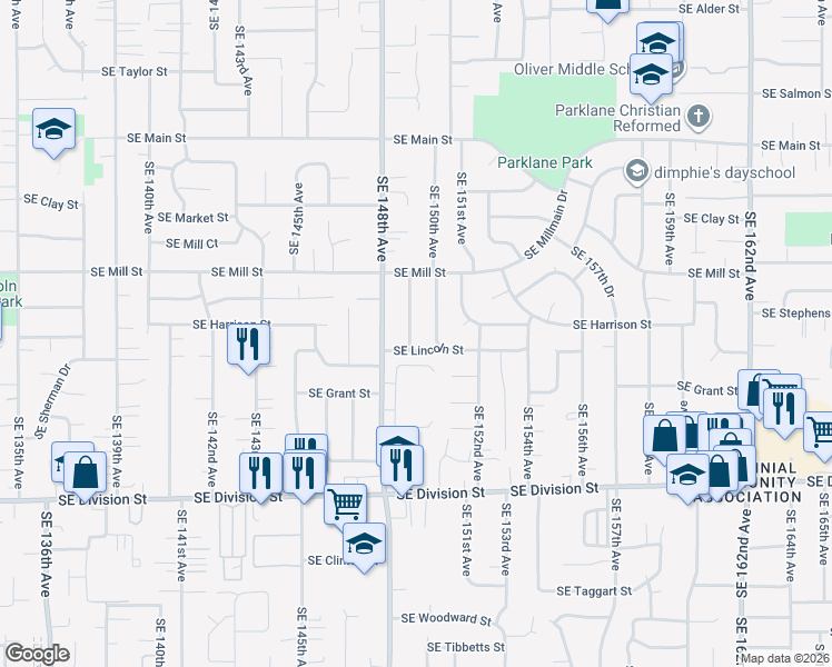 map of restaurants, bars, coffee shops, grocery stores, and more near 1948 Southeast 149th Avenue in Portland