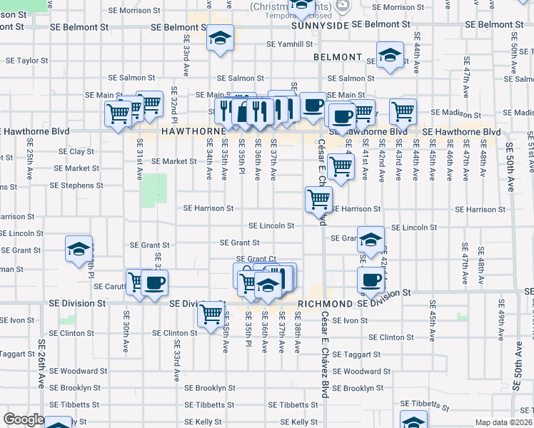 map of restaurants, bars, coffee shops, grocery stores, and more near 3610 Southeast Harrison Street in Portland