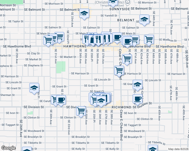 map of restaurants, bars, coffee shops, grocery stores, and more near 3610 Southeast Harrison Street in Portland