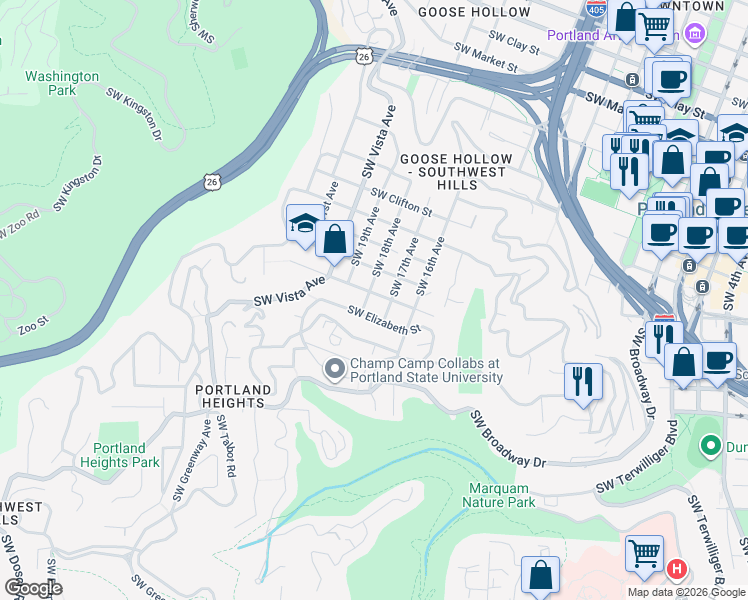 map of restaurants, bars, coffee shops, grocery stores, and more near 1730 Southwest Spring Street in Portland