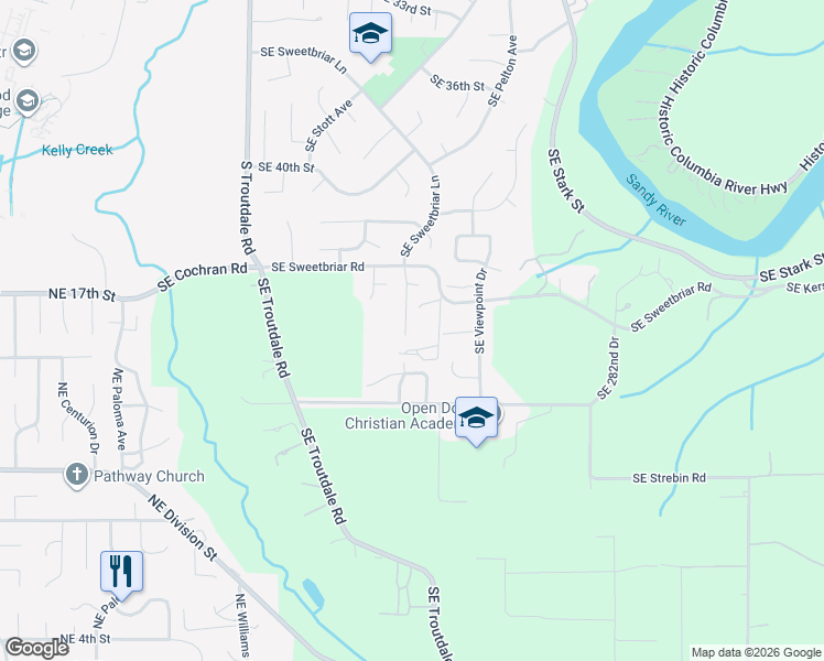 map of restaurants, bars, coffee shops, grocery stores, and more near 4450 SE Sweetbriar Ln in Troutdale