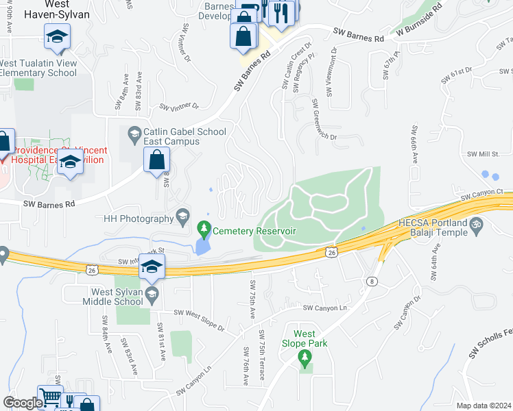 map of restaurants, bars, coffee shops, grocery stores, and more near 7522F Southwest Barnes Road in Portland