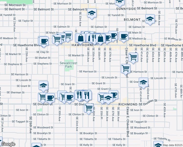 map of restaurants, bars, coffee shops, grocery stores, and more near 2020 Southeast 34th Avenue in Portland