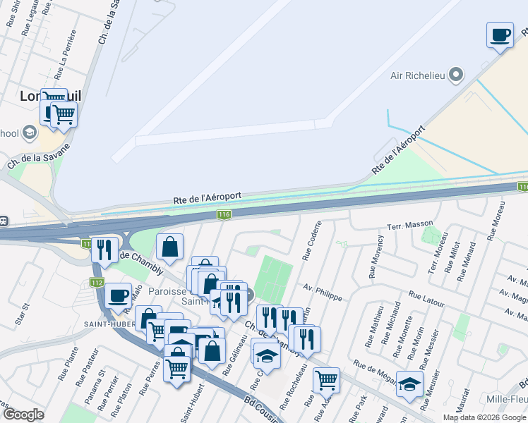 map of restaurants, bars, coffee shops, grocery stores, and more near Boulevard Sir-Wilfrid-Laurier in Longueuil
