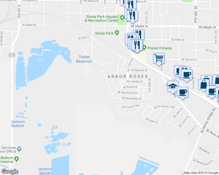 map of restaurants, bars, coffee shops, grocery stores, and more near 1102 Southeast Tamora Avenue in Hillsboro
