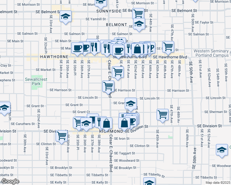 map of restaurants, bars, coffee shops, grocery stores, and more near 3928 Southeast Harrison Street in Portland