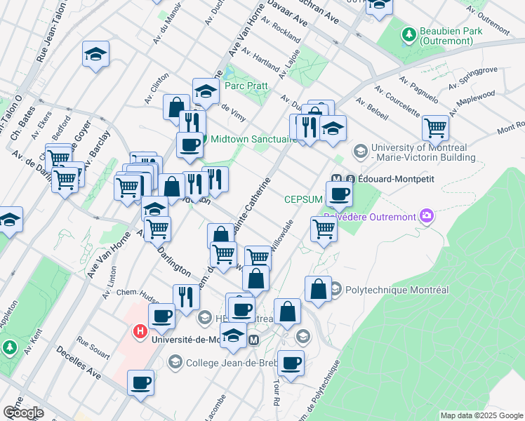 map of restaurants, bars, coffee shops, grocery stores, and more near 5637 Avenue de Stirling in Montréal