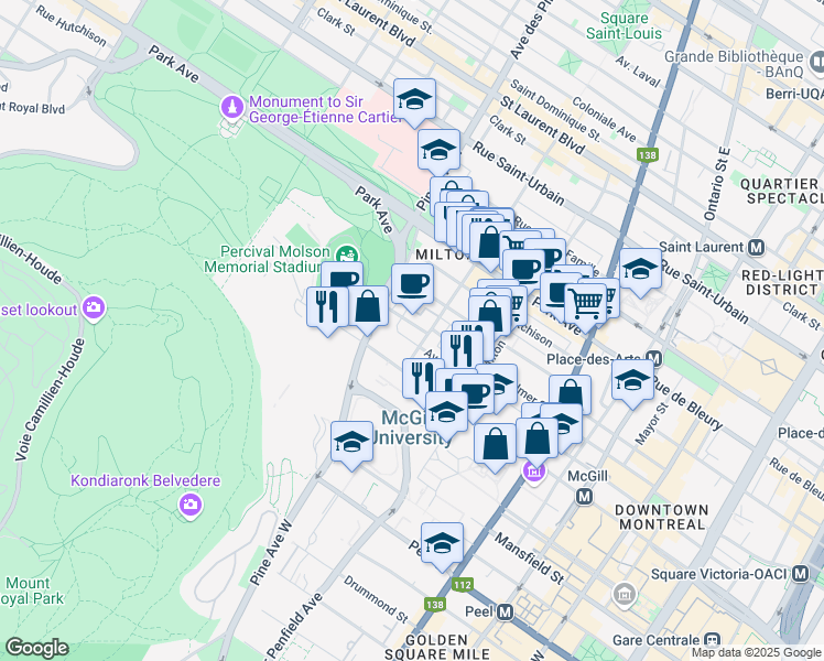 map of restaurants, bars, coffee shops, grocery stores, and more near 3614 Rue Aylmer in Montréal