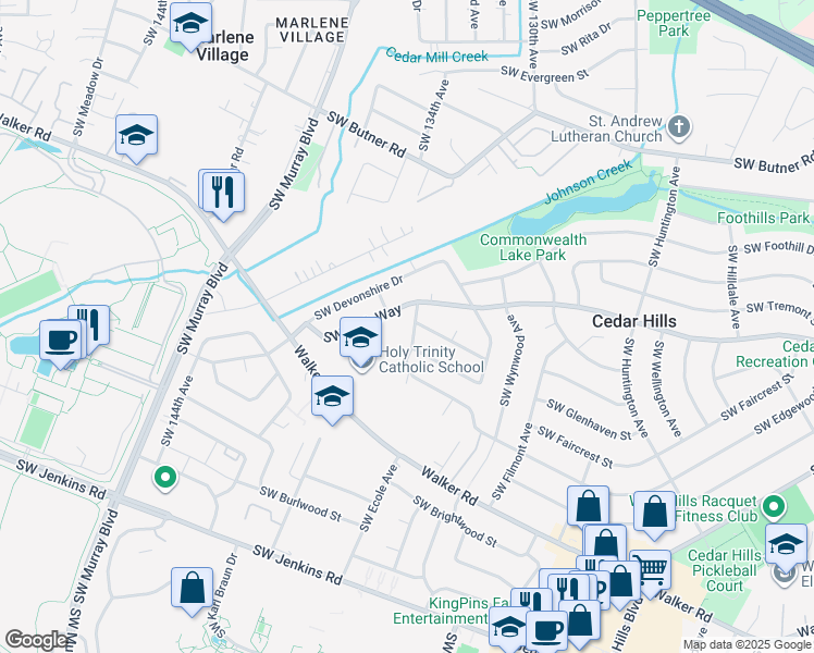 map of restaurants, bars, coffee shops, grocery stores, and more near Southwest 134th Avenue in Washington County