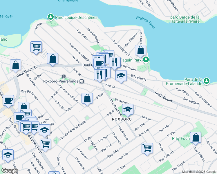 map of restaurants, bars, coffee shops, grocery stores, and more near 52 4e Avenue Sud in Montréal