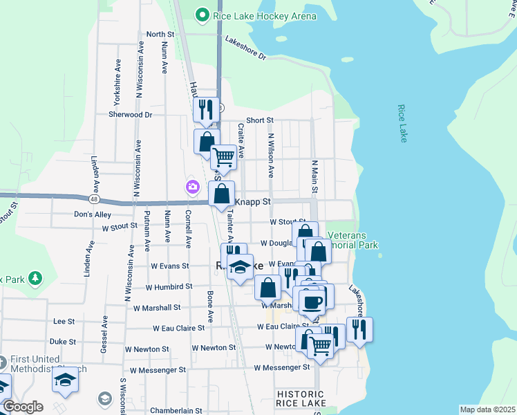 map of restaurants, bars, coffee shops, grocery stores, and more near 112 West Knapp Street in Rice Lake