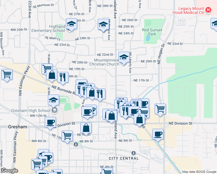map of restaurants, bars, coffee shops, grocery stores, and more near 1670 Northeast Juniper Avenue in Gresham