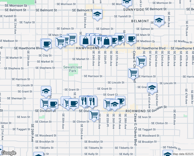 map of restaurants, bars, coffee shops, grocery stores, and more near 2020 Southeast 34th Avenue in Portland