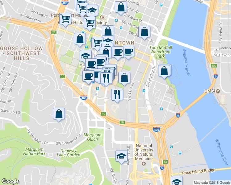 map of restaurants, bars, coffee shops, grocery stores, and more near 1900 Southwest 4th Avenue in Portland