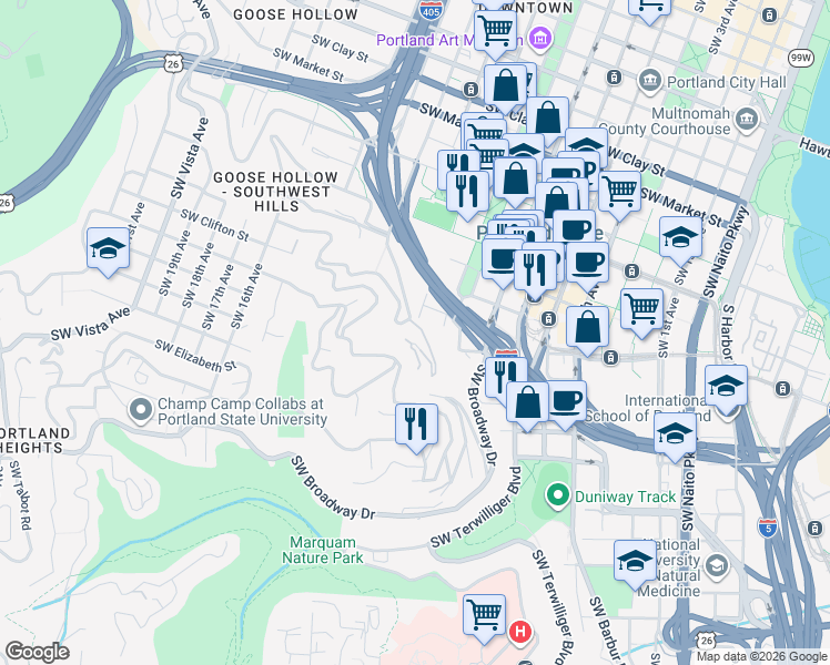 map of restaurants, bars, coffee shops, grocery stores, and more near 1260 Southwest Cardinell Drive in Portland