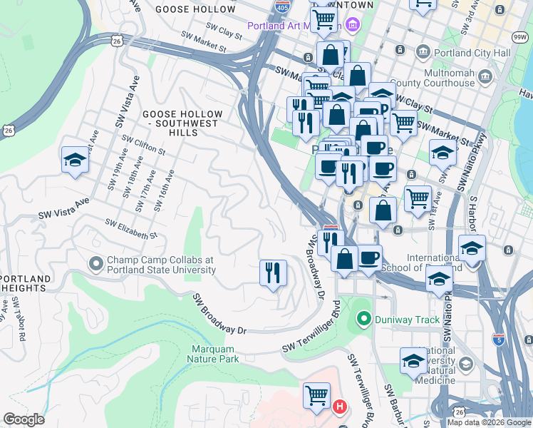 map of restaurants, bars, coffee shops, grocery stores, and more near 1260 Southwest Cardinell Drive in Portland