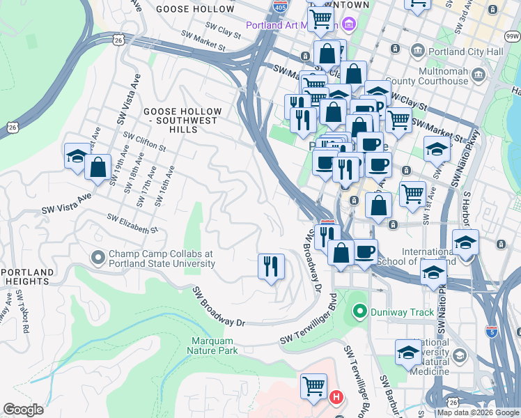 map of restaurants, bars, coffee shops, grocery stores, and more near 1017 Southwest Rivington Drive in Portland