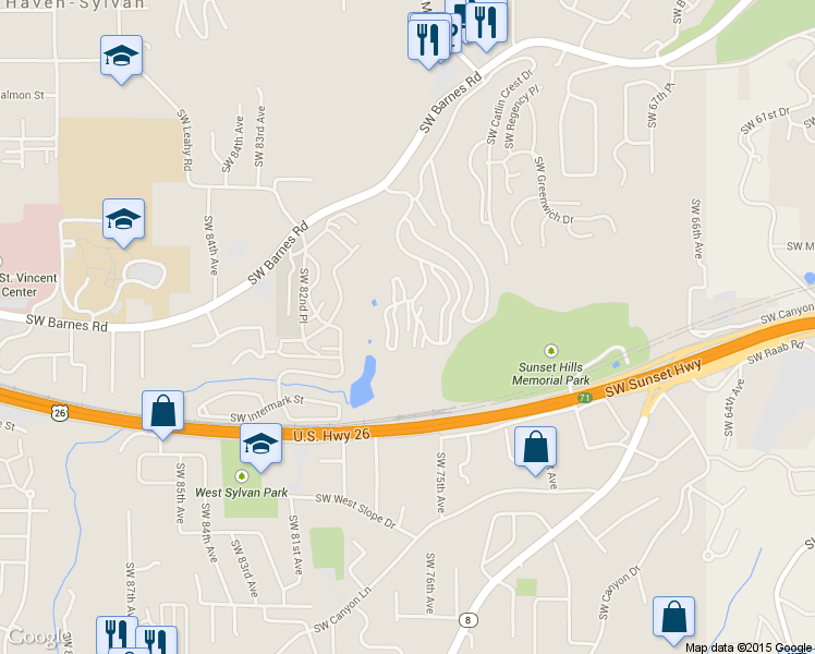 map of restaurants, bars, coffee shops, grocery stores, and more near 7734 Southwest Barnes Road in Portland