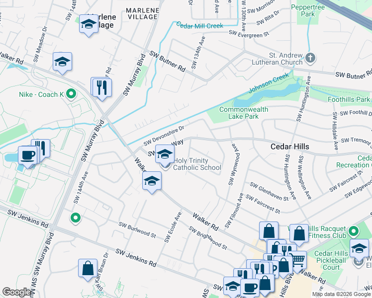 map of restaurants, bars, coffee shops, grocery stores, and more near 1575 Southwest 134th Avenue in Beaverton