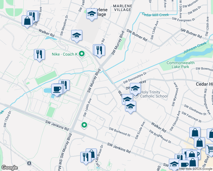 map of restaurants, bars, coffee shops, grocery stores, and more near 14035 Southwest Derby Street in Beaverton