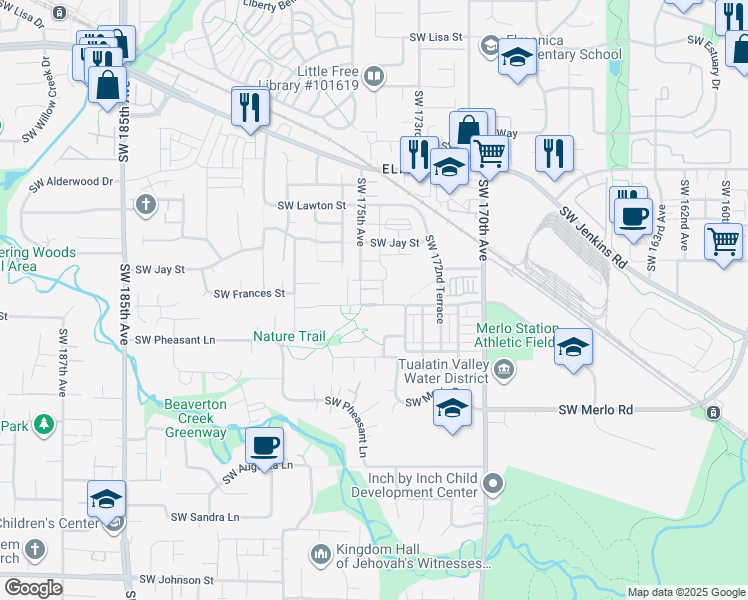 map of restaurants, bars, coffee shops, grocery stores, and more near 1597 Southwest 173rd Terrace in Beaverton