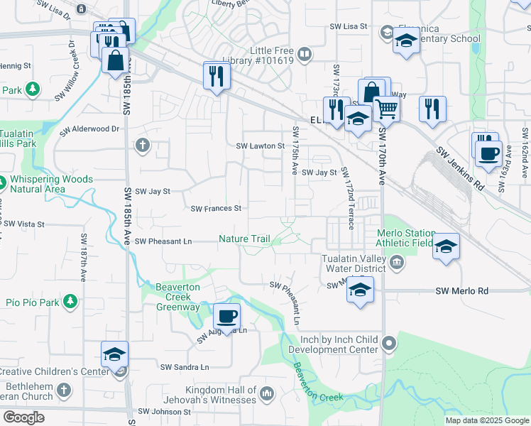 map of restaurants, bars, coffee shops, grocery stores, and more near 17685 Southwest Marty Lane in Beaverton