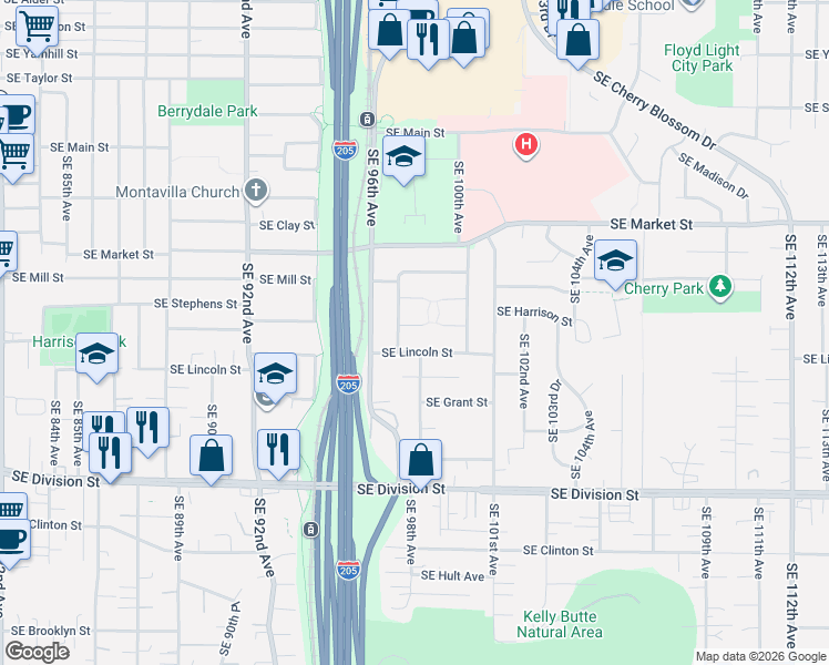 map of restaurants, bars, coffee shops, grocery stores, and more near 9734 Southeast Harrison Street in Portland