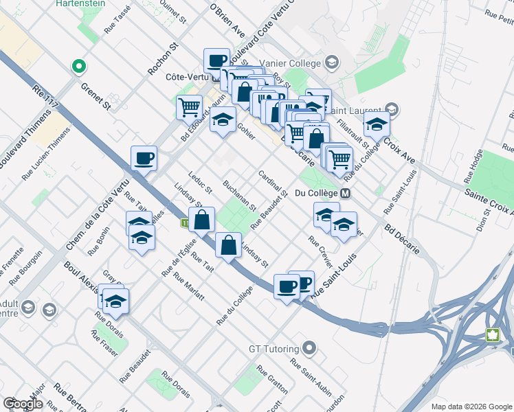 map of restaurants, bars, coffee shops, grocery stores, and more near 705 Rue Buchanan in Montréal