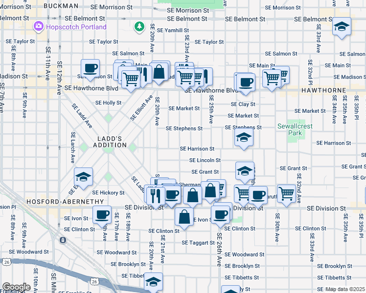 map of restaurants, bars, coffee shops, grocery stores, and more near 2211 Southeast Harrison Street in Portland