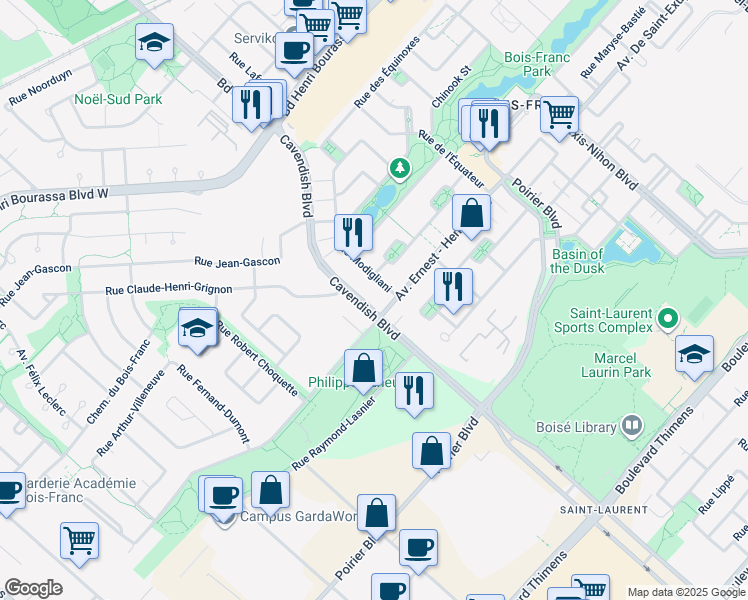 map of restaurants, bars, coffee shops, grocery stores, and more near 14009 Boulevard Cavendish in Montréal