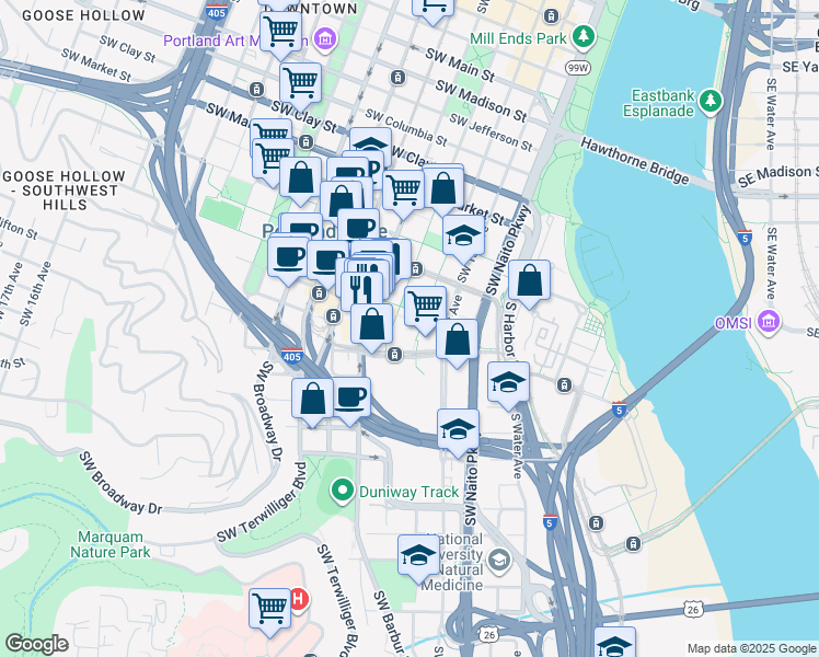 map of restaurants, bars, coffee shops, grocery stores, and more near 1900 Southwest 4th Avenue in Portland