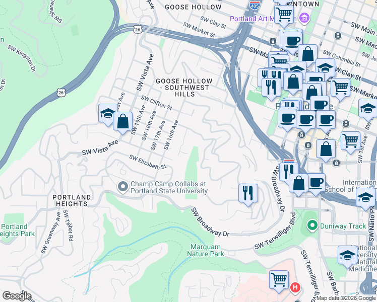 map of restaurants, bars, coffee shops, grocery stores, and more near 2404 Southwest 15th Avenue in Portland