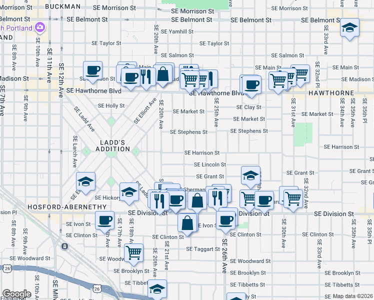 map of restaurants, bars, coffee shops, grocery stores, and more near 2211 Southeast Harrison Street in Portland