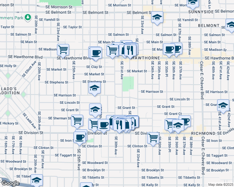 map of restaurants, bars, coffee shops, grocery stores, and more near 3035 Southeast Lincoln Street in Portland