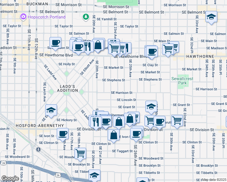 map of restaurants, bars, coffee shops, grocery stores, and more near 2211 Southeast Harrison Street in Portland