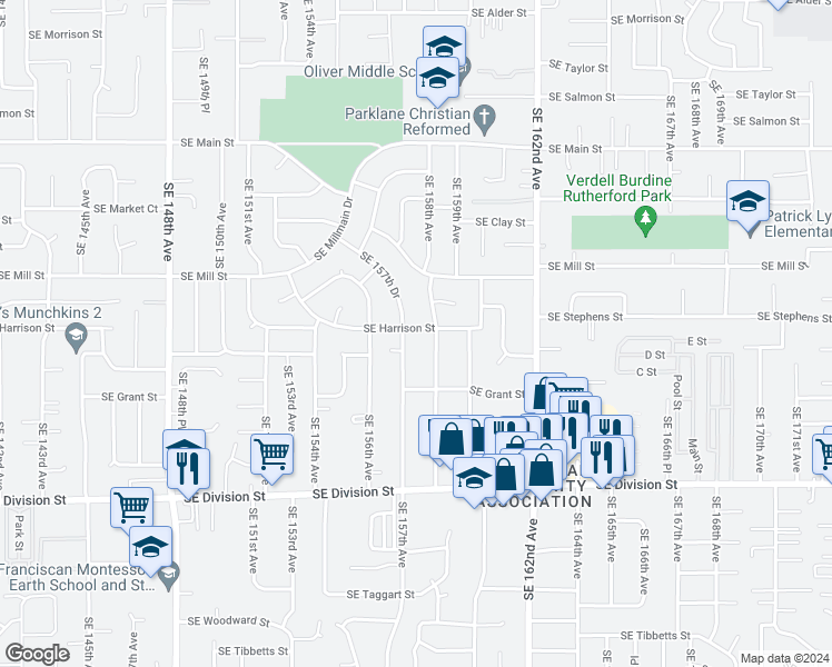 map of restaurants, bars, coffee shops, grocery stores, and more near 15720 Southeast Harrison Street in Portland