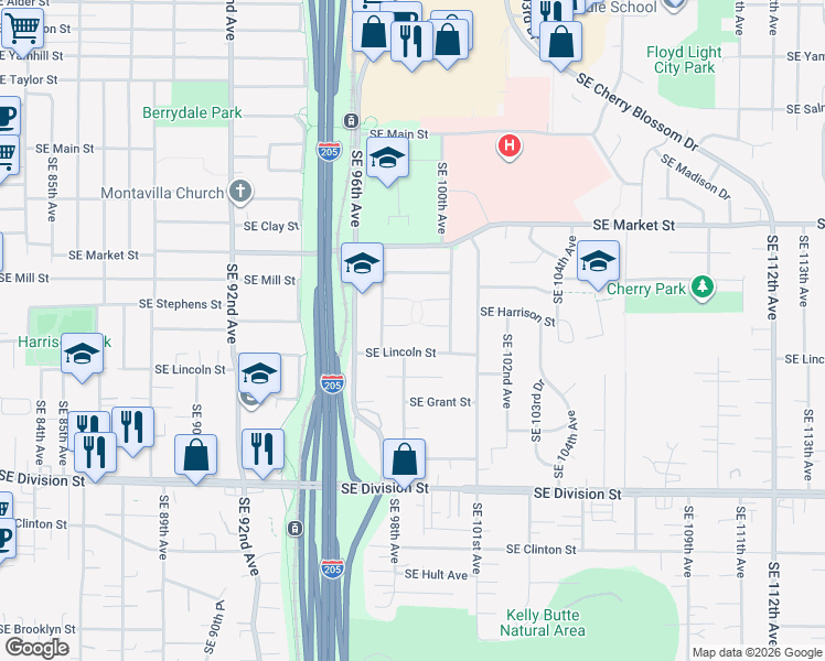 map of restaurants, bars, coffee shops, grocery stores, and more near 9810 Southeast Harrison Street in Portland