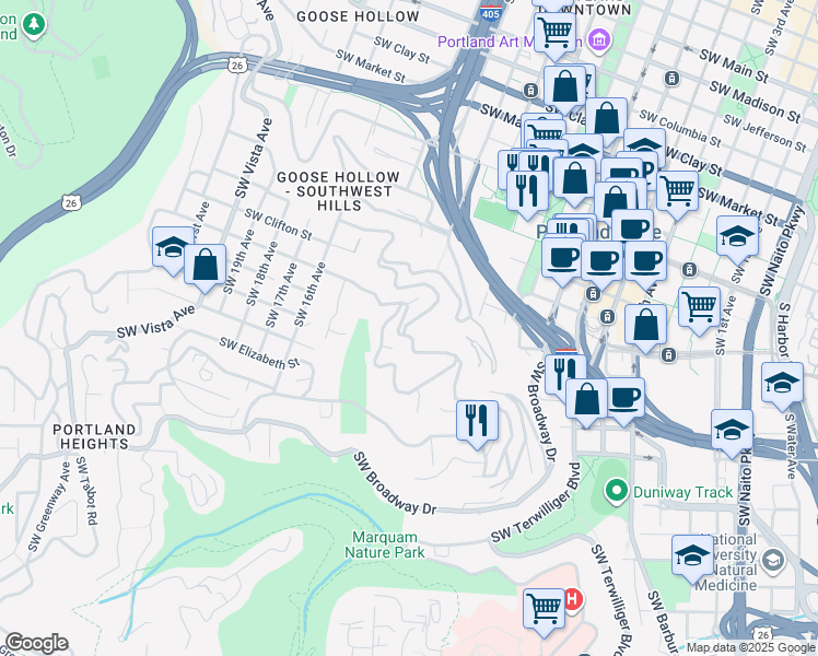 map of restaurants, bars, coffee shops, grocery stores, and more near 1049 Southwest Rivington Drive in Portland