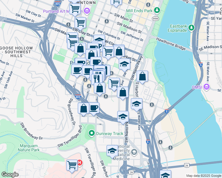 map of restaurants, bars, coffee shops, grocery stores, and more near 245 Southwest Lincoln Street in Portland