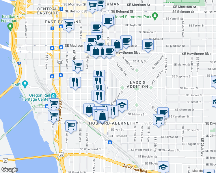 map of restaurants, bars, coffee shops, grocery stores, and more near SE Harrison St & SE 12th Ave in Portland