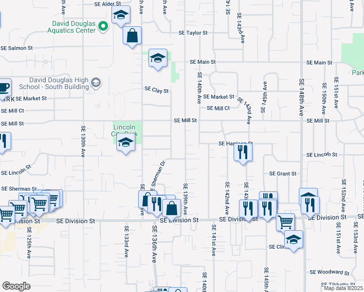 map of restaurants, bars, coffee shops, grocery stores, and more near 2005 Southeast 139th Avenue in Portland