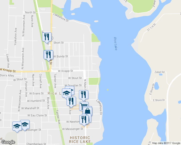 map of restaurants, bars, coffee shops, grocery stores, and more near 16 East Knapp Street in Rice Lake