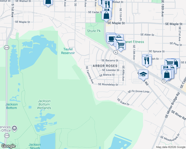 map of restaurants, bars, coffee shops, grocery stores, and more near 1117 Southeast Wenlock Avenue in Hillsboro