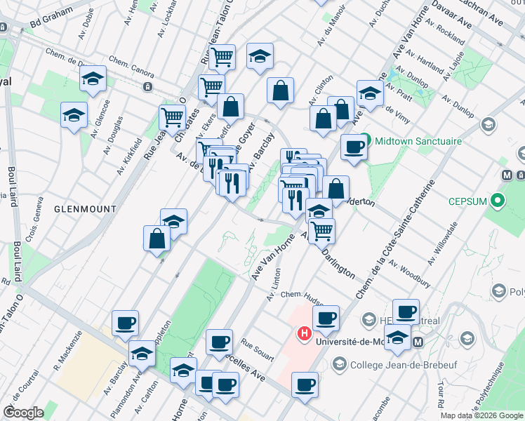 map of restaurants, bars, coffee shops, grocery stores, and more near 2865 Avenue de Kent in Montreal