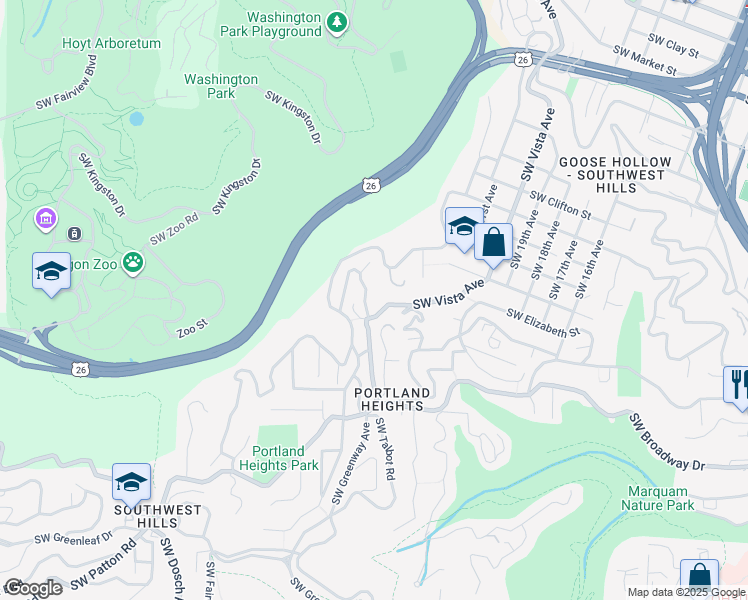map of restaurants, bars, coffee shops, grocery stores, and more near 2629 Southwest Buena Vista Drive in Portland