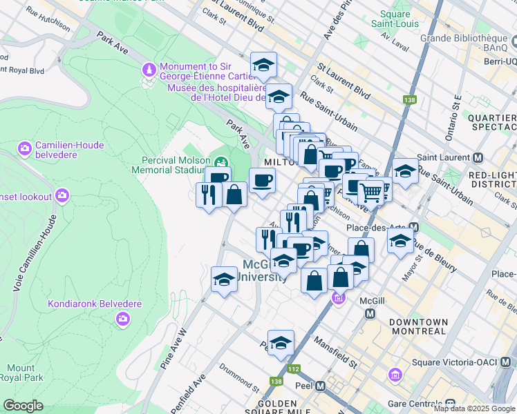 map of restaurants, bars, coffee shops, grocery stores, and more near 3626 Rue Aylmer in Montréal